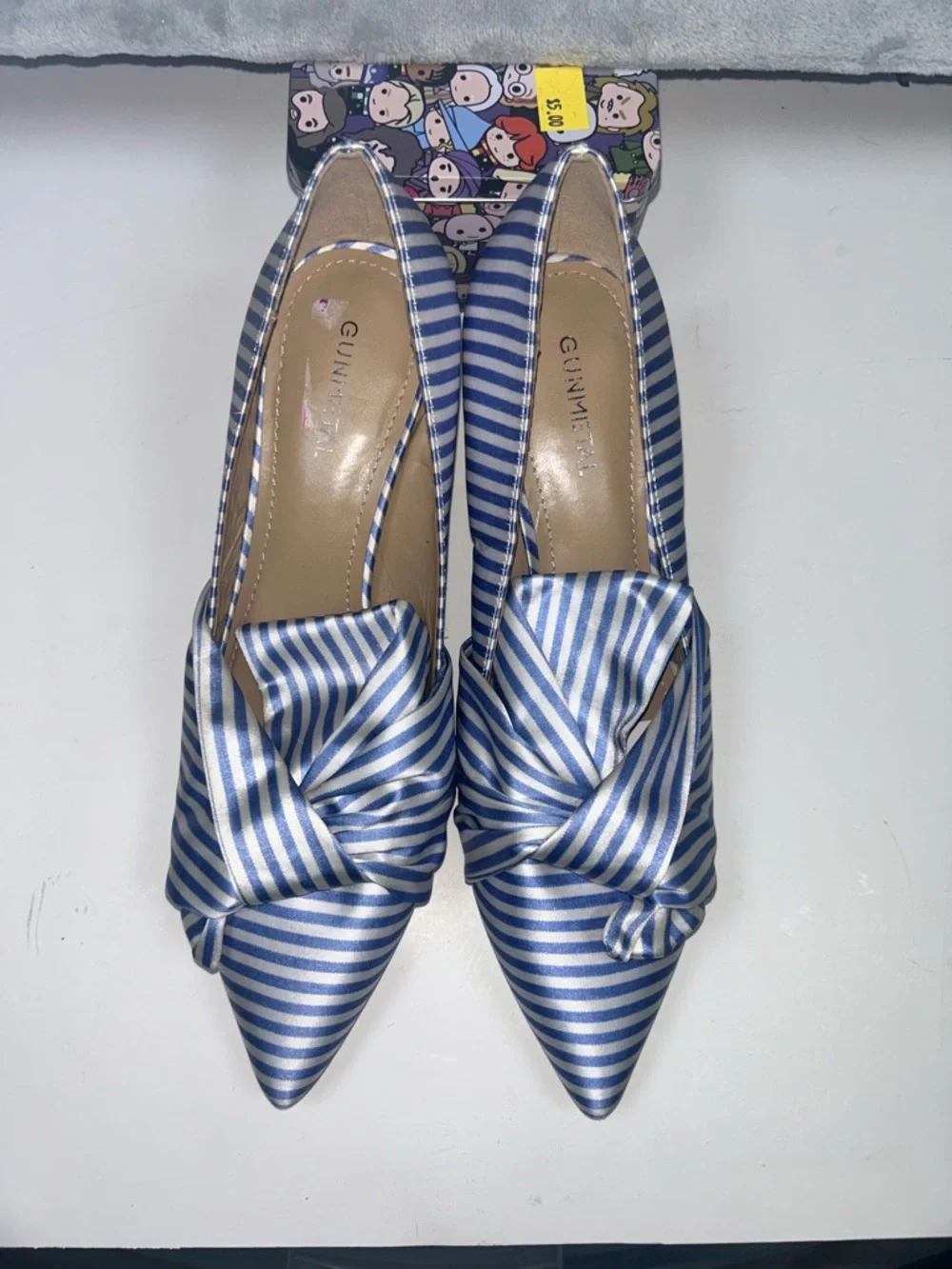 Gunmetal Gunnii Blue White Striped Knot Pointed-Toe Flats - Picture 3 of 10